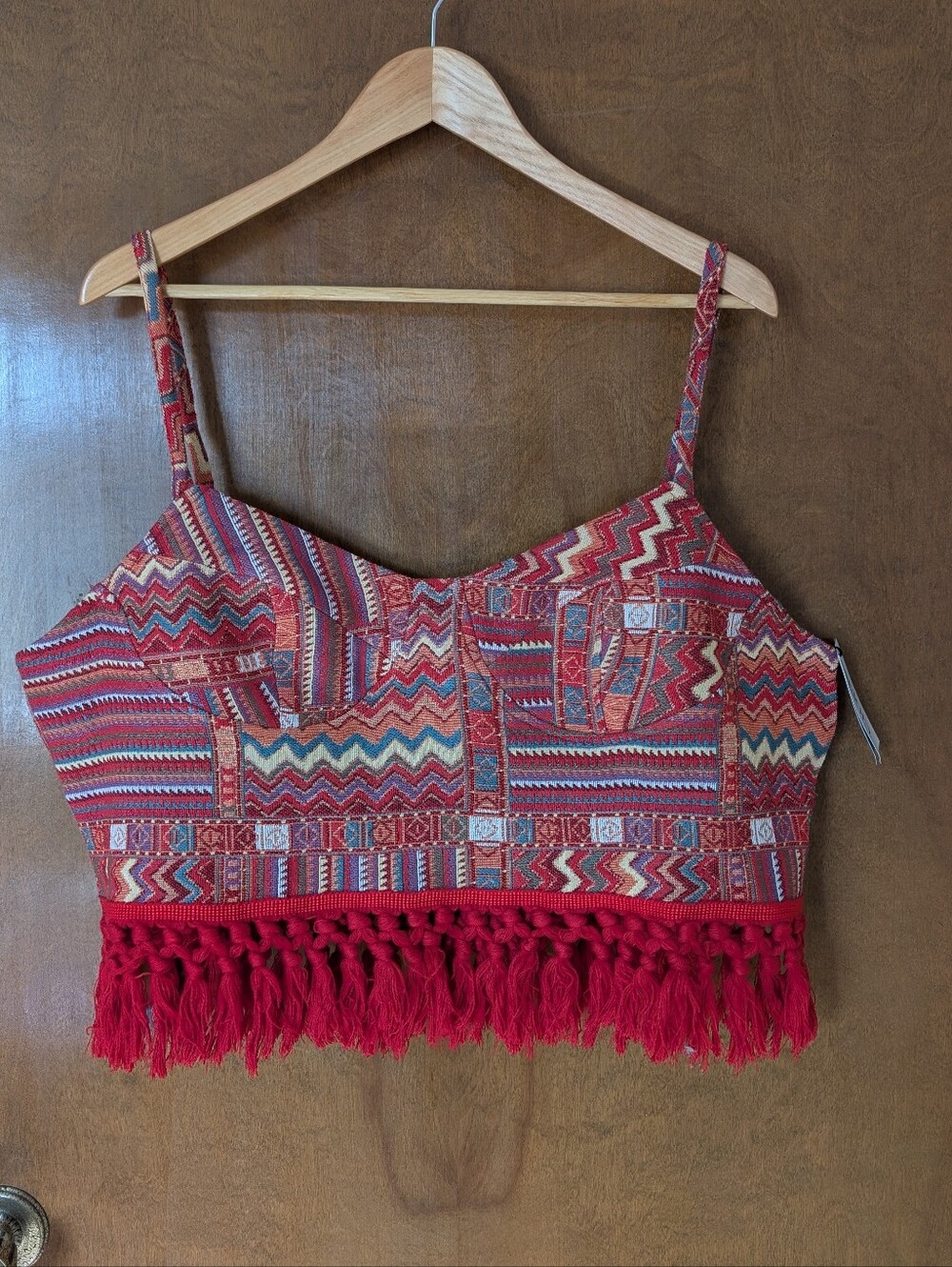 Cider Red Tapestry Cropped Corset Fringe Boho Aztec Spaghetti Strap Top